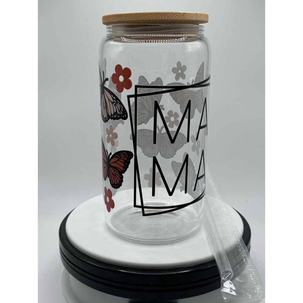 MAMA‎ with cowprint Decorative glass cup with bamboo lid and straw